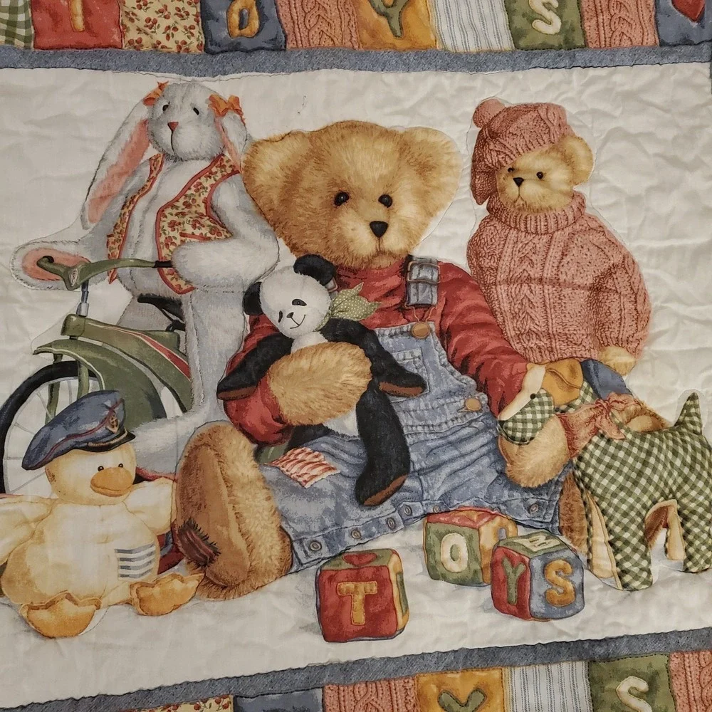 Quilted Blue Jean Teddy Bear Blocks Quilt Baby Blanket Wall Hanging‎ + Sheet
